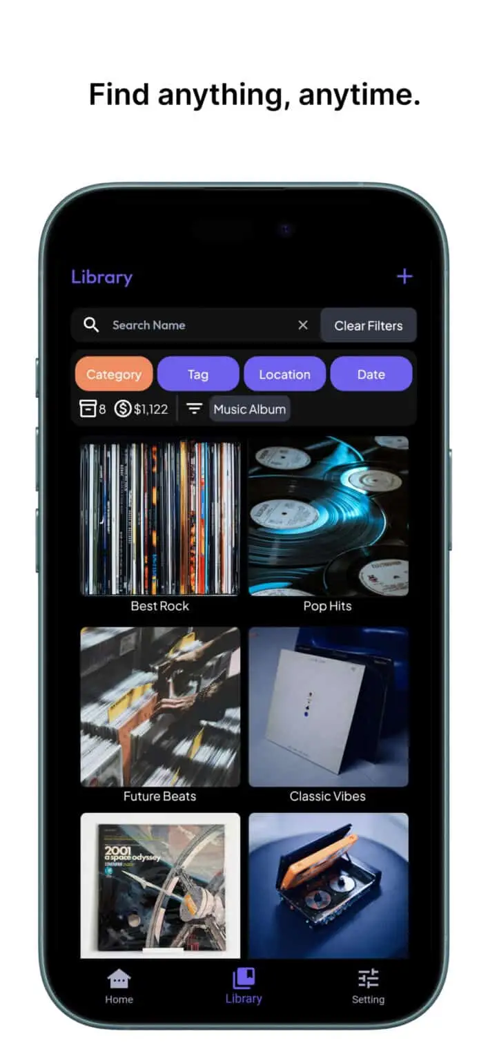 LetsFancy Keeps app Library page showing filters by category, tag, location, and date to organize your favorite items
