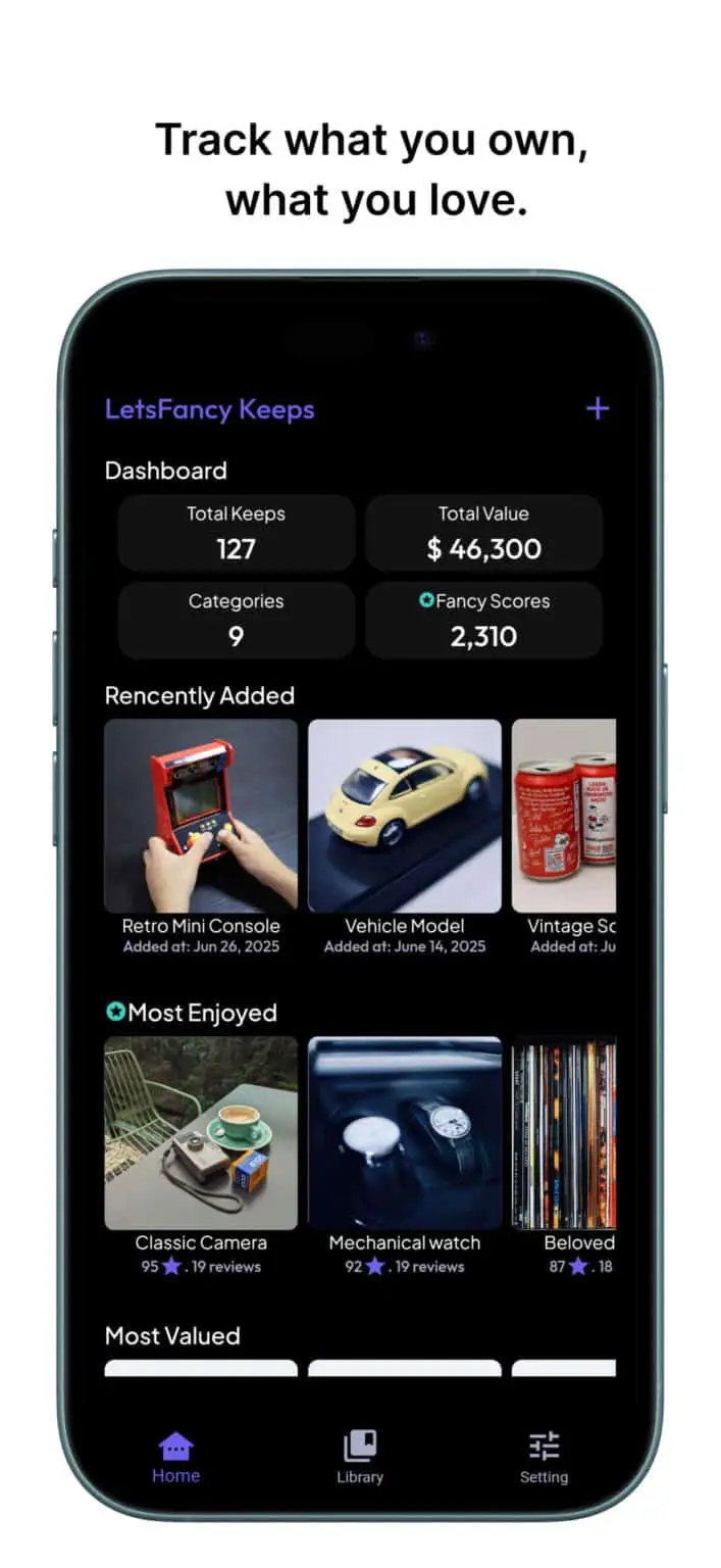 LetsFancy Keeps app dashboard showing how to organize your favorite items and track Fancy Scores